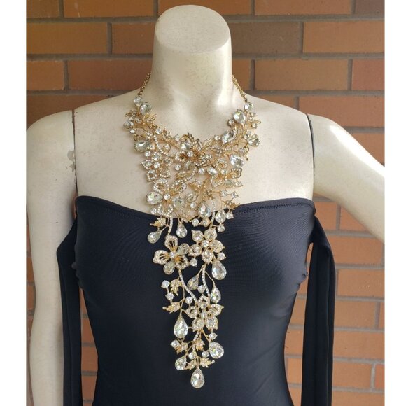 BNWT Statement Necklace Crystal Waterfall Gold Bib necklace, Lead free - Picture 1 of 12